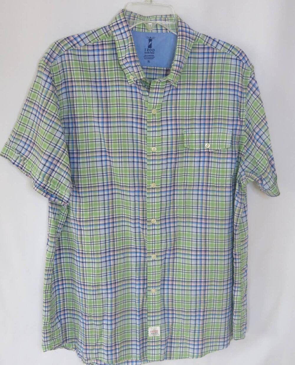 IZOD Seaside Poplin Button Down Shirt Size XL Men Short Sleeve Green/Blue Casual